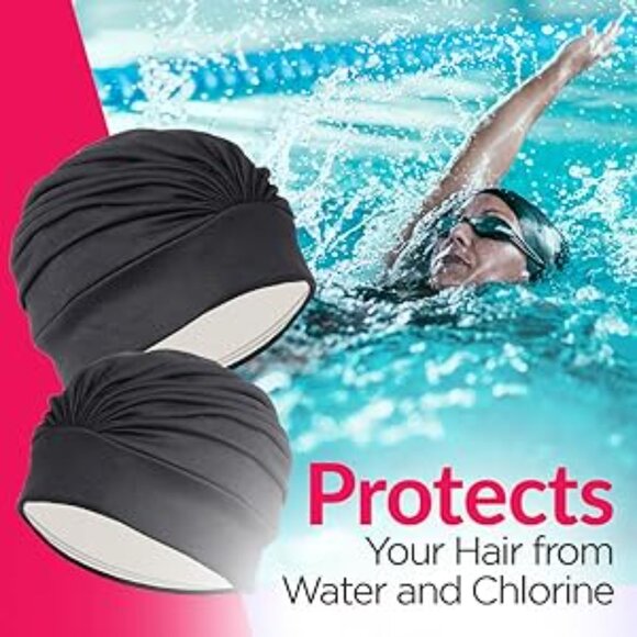 Beemo Swim Caps for Women Swimming Turban Polyester Latex Lined Pleated - Orange - Picture 7 of 9